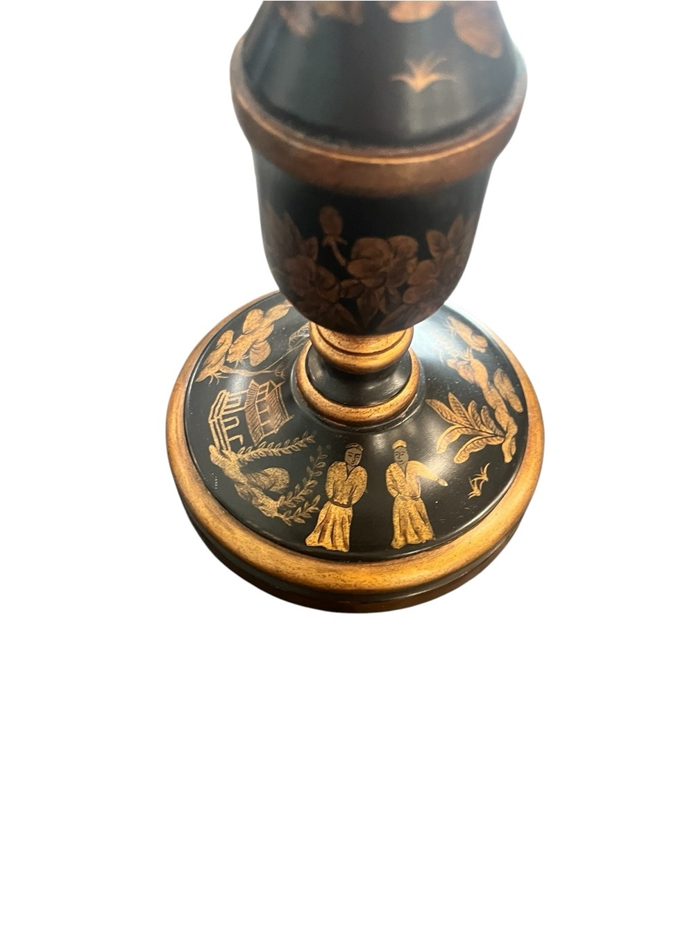 Chinoiserie Black Gold Tole Candlestick Lamp Vintage Hand Painted - Picture 8 of 16
